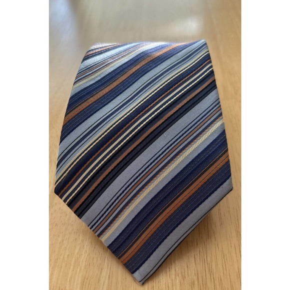 Kenneth Cole Reaction Blue Tan Striped Handmade 100% Silk 3.75” Men’s Tie - Picture 2 of 4